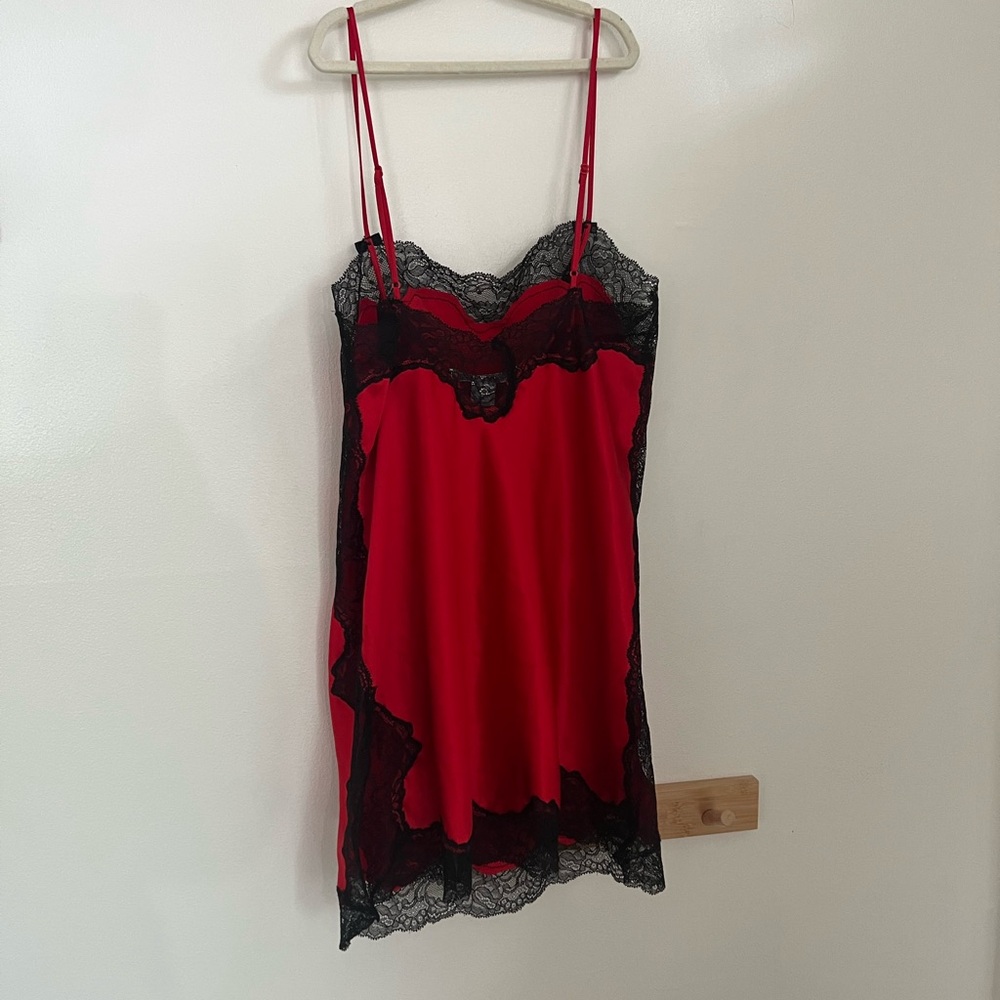 Vintage Victoria's Secret satin Red Slip Black Lace Trim bow & rhinestones